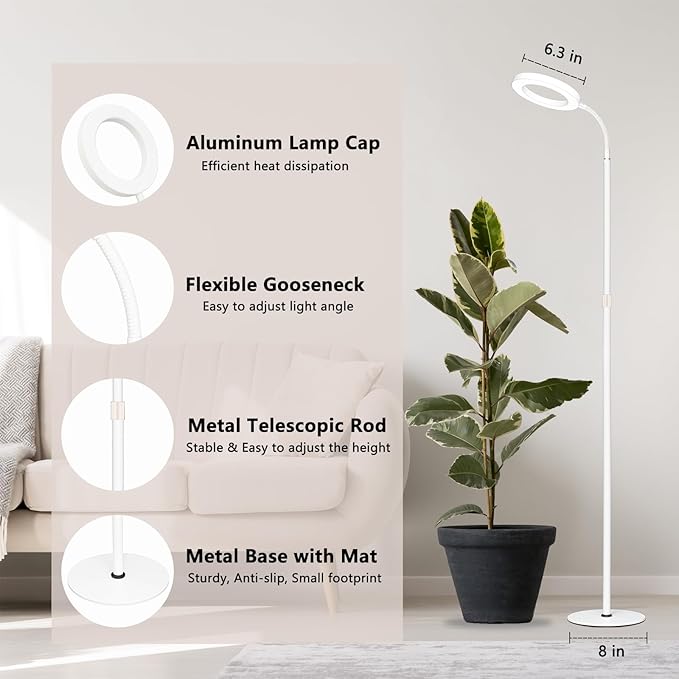 Grow Light for Indoor Plants, Full Spectrum LED Tall Plant Lights with Timer, Standing Floor Growing Lamp, Height Adjustable for Large Plants (White)