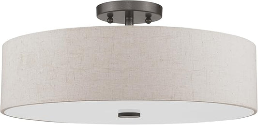 Livex Lighting 52136-92 Meridian Collection 4-Light Transitional Ceiling Mount Fixture with Oatmeal Color Fabric Hardback Shade, English Bronze
