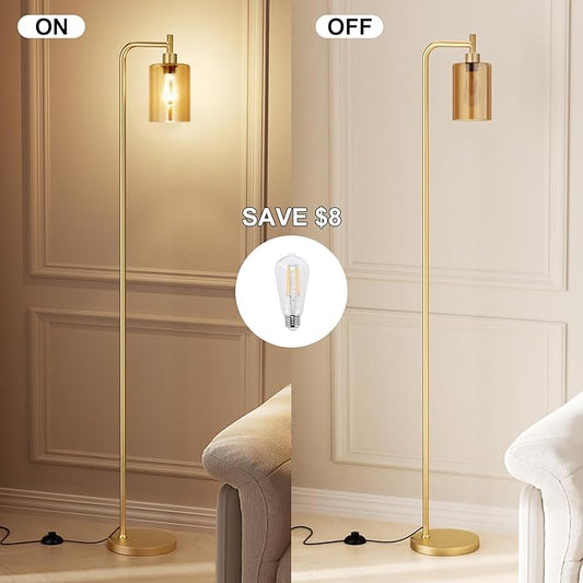 Ziisee Floor Lamps for Living Room - Gold Standing Lamp with Amber Glass Shade, Modern Floor Lamp with LED Bulbs, Bright Industrial Floor Lamp for Bedroom, Farmhouse Tall Lamp for Office