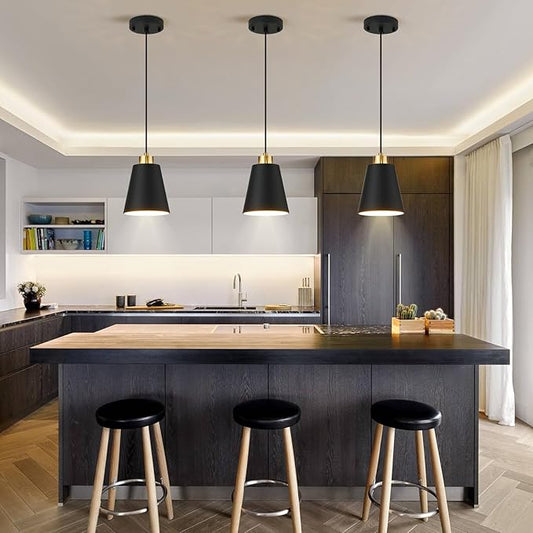 3-Pack Matte Black Pendant Lights Metal Cone Kitchen Island Pendant Lighting with Gold Modern Hollow Shade Hanging Light Fixture for Dining Room Bar Hallway 63" Adjustable Cord