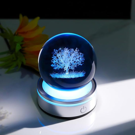 Arikyrist Crystal 3D Tree of Life 3.15in Ball Figurine Gifts for Her, Glass Plant Art Sphere for Room with LED Light Base for Men, Collectible Keepsake for Tree Lovers Home Decor Paperweight
