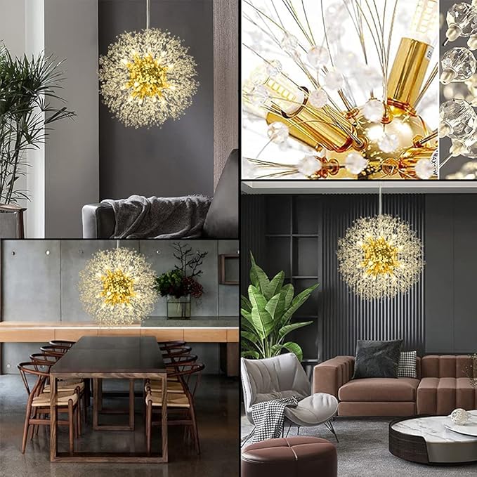 Modern Firework Gold Crystal Chandeliers, Sputnik Dandelion Chandelier Light Fixture Pendant Lighting for Living Room, Dining Room, Restaurant, Bedroom, Kitchen- 16 Lights