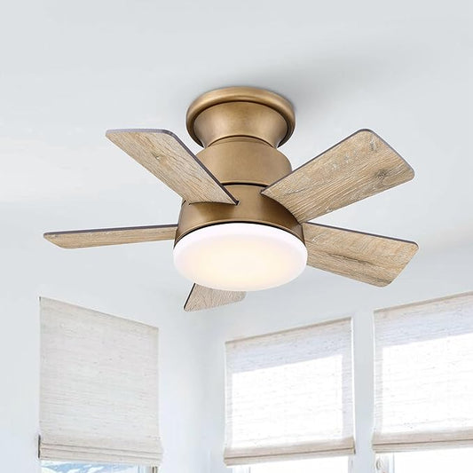 24" Mini Flush Mount Ceiling Fan with Light and Remote, 5-Blade Small Ceiling Fan for Bedroom Kitchen Office, Reversible AC Motor, Hugger Low Profile Fan with 3000K LED Light,Gunmetal Brown