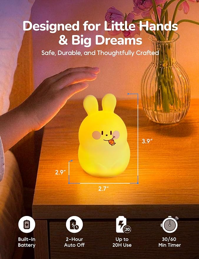 Mini Slumber Pal Bunny Night Light for Kids, 8 Color Changing with Warm Red Glow & Timer, Cute Silicone Squishy Night Light, Portable Rechargeable Night Light for Baby Car Seat, Bedroom & Travel