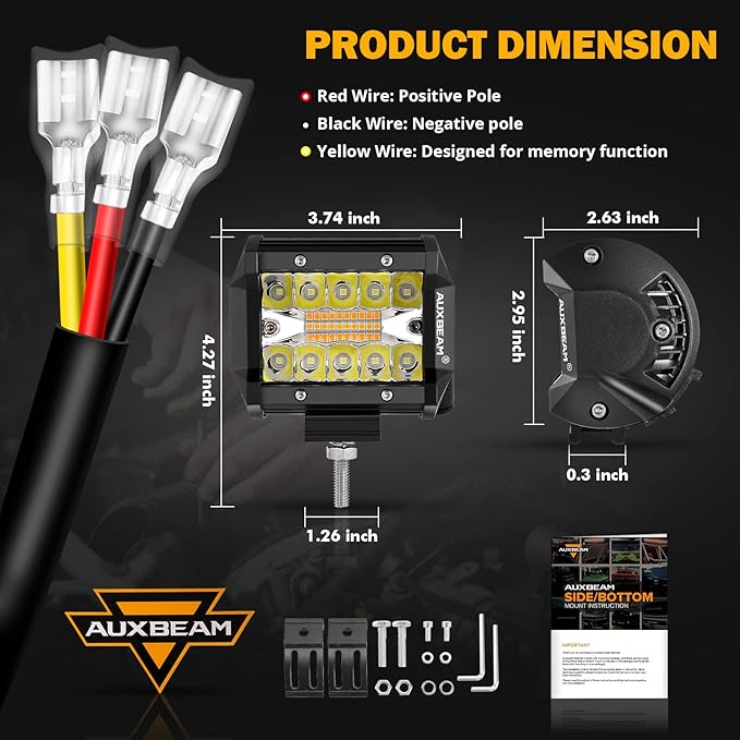 Auxbeam 4 Inch LED Driving Pods, 120W 12000LM Spot Flood Combo Triple Row Off Road Light Bar, 6 Modes Dual Color Amber White Auxiliary Flashing Fog Light for Trucks SUV ATV UTV Jeep, 2PCS