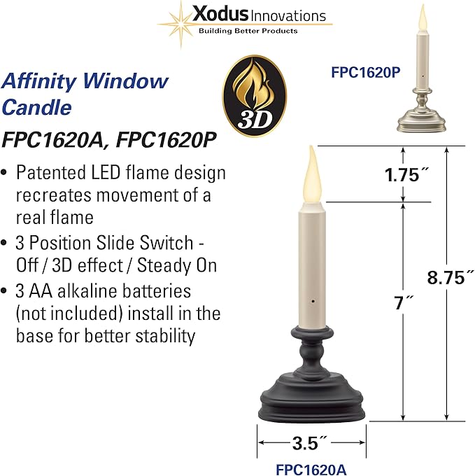 Xodus Innovations FPC1620P-6 Battery Operated 9 Inch Window Candle New Dynamic 3 D Warm White Flicker Flame, with 3 Position Switch and Automatic On Timer
