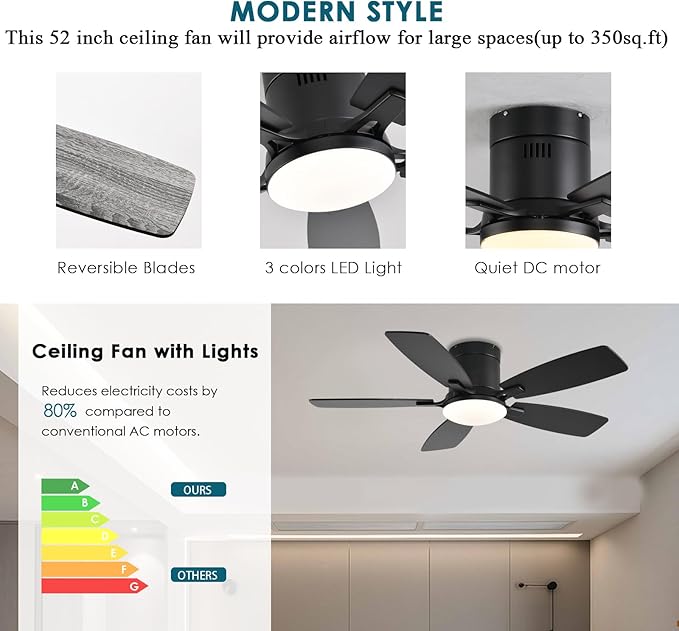 Ayaoty Ceiling Fans with Lights, 42 inch Low Profile Ceiling Fan with Light and Remote Control, Flush Mount, Reversible Motor, Dimmable, Noiseless, Black Ceiling Fan for Bedroom, Indoor/Outdoor Use