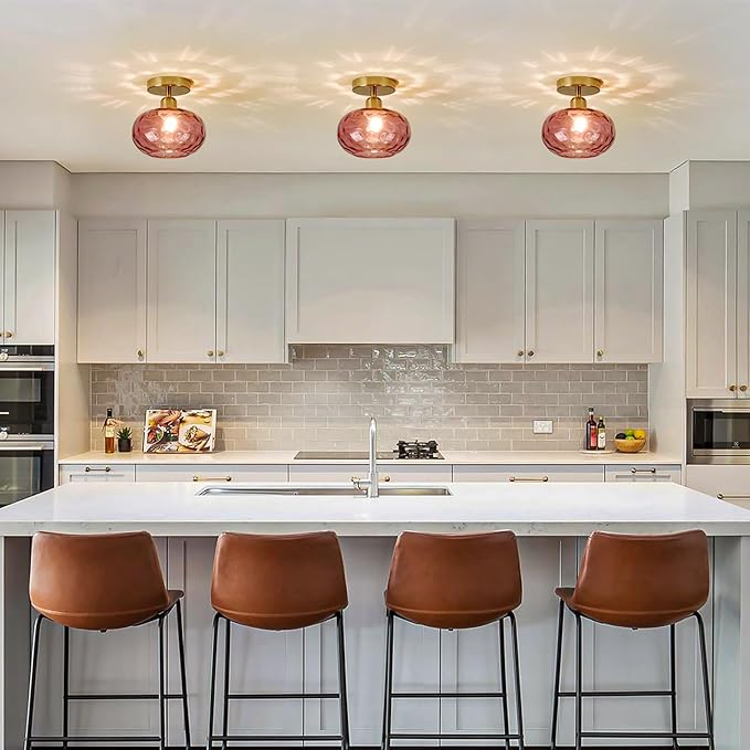 Luafac Red Glass Semi Flush Mount Ceiling Light - 2 Pack,7.9 Inch Small Hammered Art Deco Glass Hallway Light fixtures, Vintage Gold Flush Mount Ceiling Light for entryway Foyer Laundry Room Kitchen