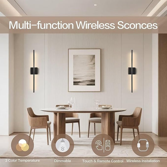 Rechargable Wall Sconce Set of Two, Modern Wireless Living Room Wall Decor Lights with Remote, 28.35Inch Dimmable Indoor Home Decor Lights for Bedroom, Living Room, Hallway (Black/Square)