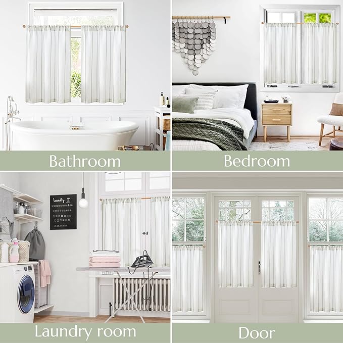 jinchan Linen Striped Kitchen Curtains Tier Cafe Curtains for Living Room Bathroom RV 36 Inch Farmhouse Rustic Half Window Treatment Light Filtering 2 Panels Green on White