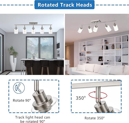 MELUCEE 5 Light Bathroom Light Fixtures Multi-Directional Rotating Track Lighting Kit Brushed Nickel, 37 Inch Ceiling Spotlight Fixture for Kitchen Foyer Bath, Clear Glass Shade