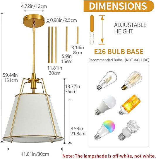 Modern Pendant Light Fixtures with 13" Off-White Linen Fabric Shade, Adjustable Hanging Light Fixture,Drum Gold Vintage Chandelier for Kitchen Island Bedroom Dining Room Foyer Entryway