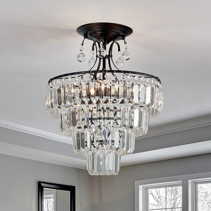 CVKASH 5 -Lights Crystal Round Chandelier Antique Modern Black Semi Flush Mount Ceiling Light Fixture Ceiling Lighting for Living Room Dining Room Bedroom Entryway Foyer Bathroom with E12