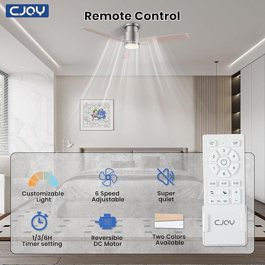CJOY Ceiling Fans with Lights, 52 Inch Flush Mount Indoor Ceiling Fan with Light and Remote, Low Profile, LED Dimmable DC Reversible Modern Ceiling Fan for Bedroom(Brushed Nickel)