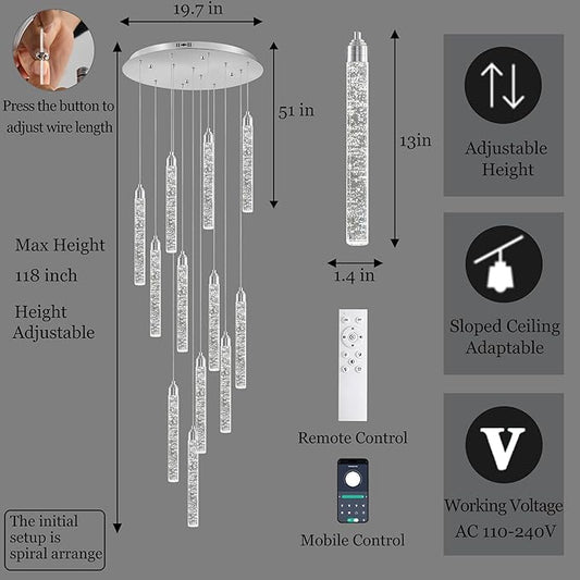 Crystal Staircase Chandelier, Modern Chrome Large Spiral Dimmable LED Cluster Raindrop Foyer Chandelier Lighting, Bubble Living Room Hanging Light Fixture 12 Light Remote Control