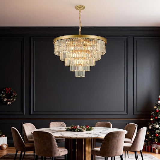 Crystal Chandeliers for Dining Room Lights Fixture Over Table, 20 Lights Gold Modern Chandeliers for Living Room, 5-Tier Round Crystal Lighting Fixtures for Bedroom Entryway Kitchen Island D30 Inch
