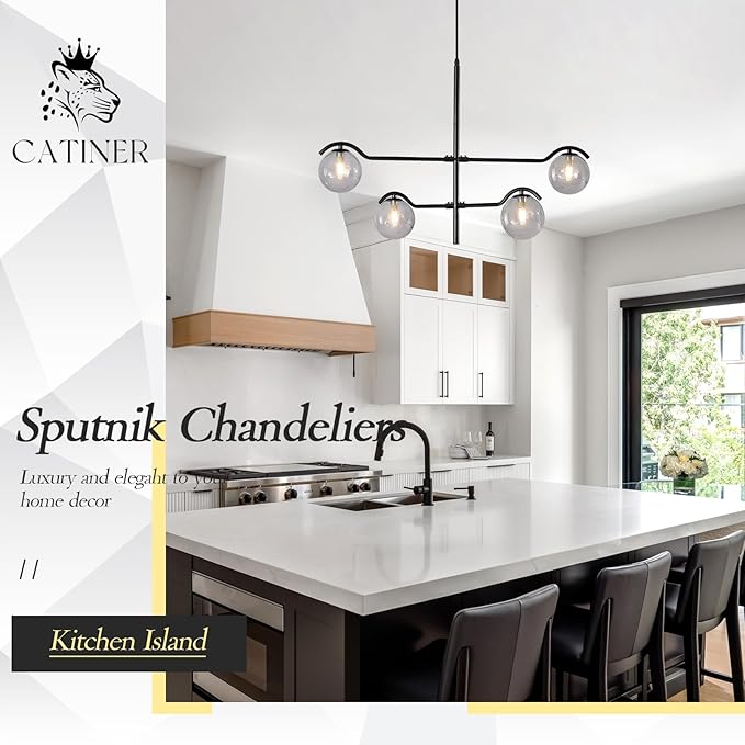 CATINER Modern Black Sputnik Chandelier, Large 4 Lights L31 '' Mid Century Long Ceiling Pendant Light with Smoke Gray Glass Globe Shades for High Ceiling Living Dining Room Foyer Bedroom