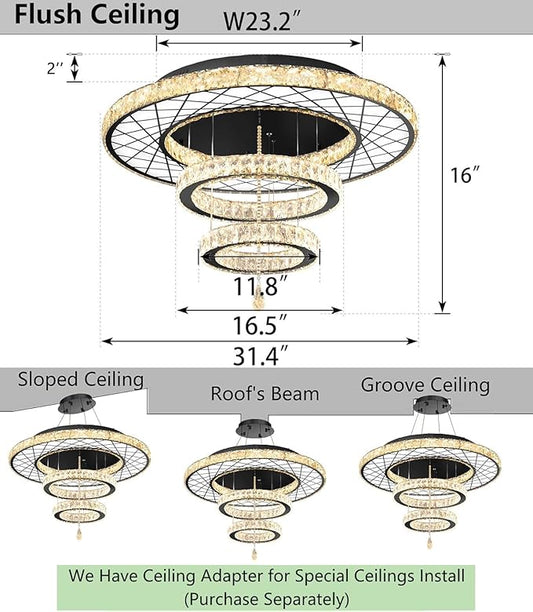 HAIXIANG Crystal Glam Chandelier LED Ceiling Light Living Room Lighting Fixtures Remote Dimmable Ceiling Chandeliers 32 Inches Light Black Lamp