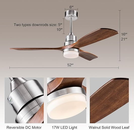 52 Inch Brushed Nickel Ceiling Fans with Lights and Remote Control, Dimmable, Modern Ceiling Fan Light, 3 Blades, 6 Speed DC Motor, Indoor Outdoor Ceiling Fan for Farmhouse,Bedroom