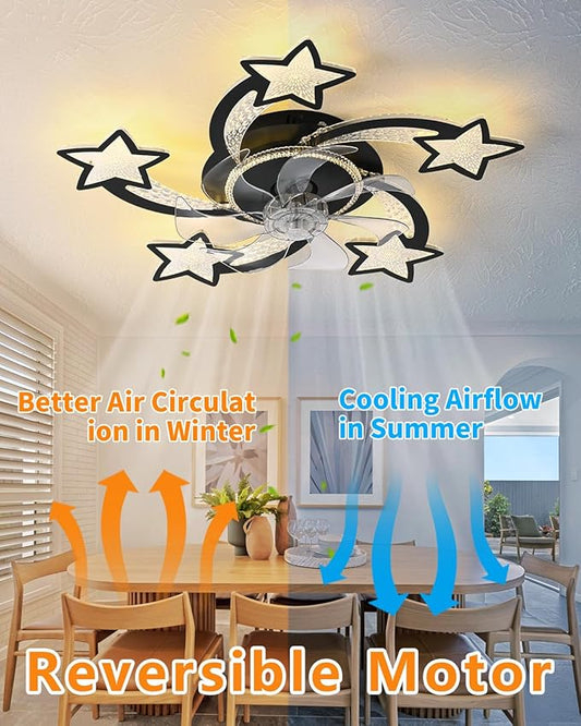 Yfrest Modern Ceiling Fan with Lights Remote Control, Black Star Ceiling Fan with Light APP Control, 6 Speeds 3 Light Color Low Profile Ceiling Fan for Kitchen Bedroom