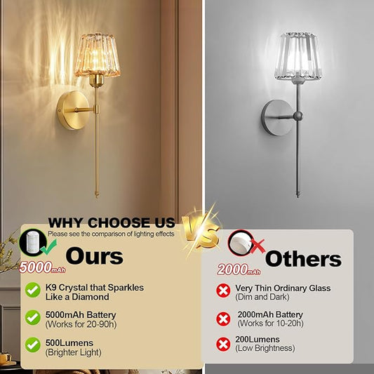 Battery Operated Crystal Wall Sconce Set of 2, Amber Rechargeable Wireless Wall Sconces with Remote Dimmable 12 Colors Modes Led Wall Lights for Bedroom Living Room Hallway, 2 Bulbs Included