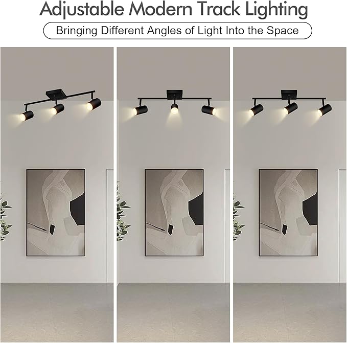 AUQUEE 3 Light Track Lighting Fixtures Ceiling, Black LED Track Lighting Kit, Modern Kitchen Track Lights with Rotatable Light Heads, Ceiling Spot Lighting for Living Room/Hallway/Bar, No GU10 Bulb