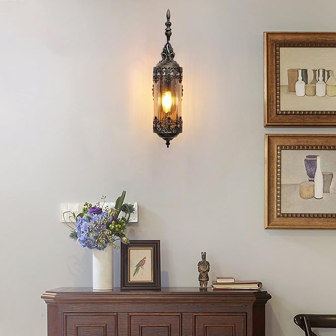 Vintage Wall Sconce with Amber Glass, Rustic Black Brushed Gold Farmhouse Wall Light Fixture, Antique Gothic Decorative Metal Wall Lamp for Hallway, Bedroom, Living Room, Entryway