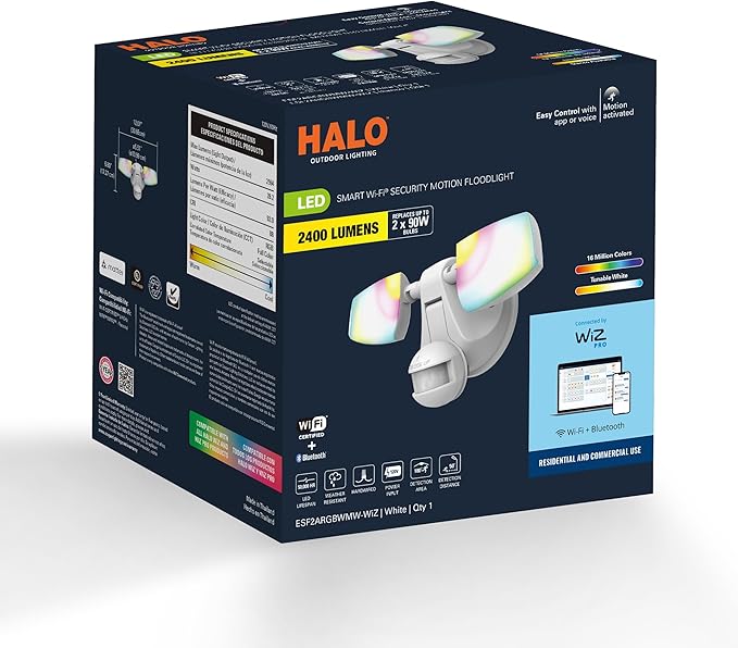 HALO ESF Motion Smart WiFi Color Changing LED Security Floodlight, Connected by WiZ Pro, White - ESF2ARGBWMW-WIZ