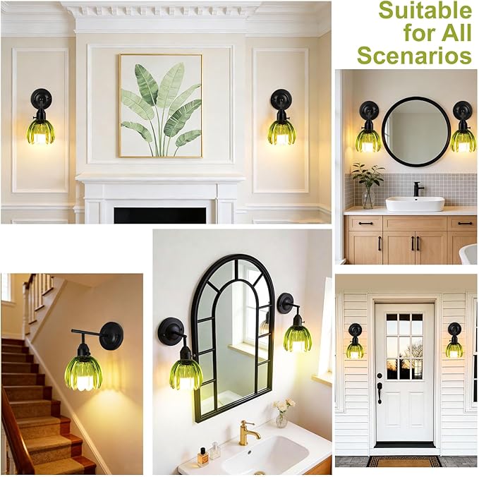 Vintage Gold Wall Sconces with Green Tulip Glass Lampshade, Hardwired Wall Lamp (2 Usage Methods), Blakc Sconces Hradwired Modern Wall Lighting Fixture for Bedroom Living Room