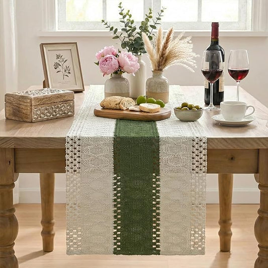 Artoid Mode Army Green Farmhouse Rustic Table Runner, Seasonal Holiday Hollow Kitchen Dining Table Decoration for Home Party Decor 12x90 Inch