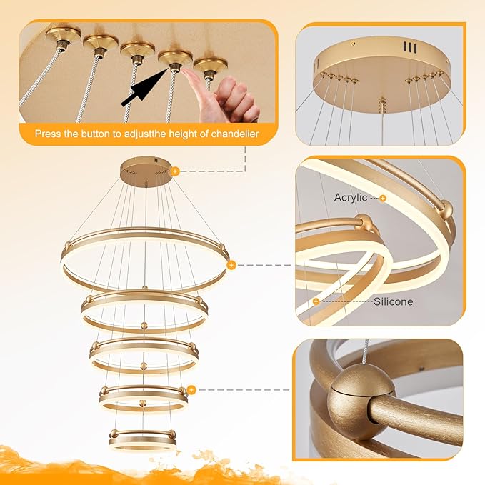 Benkut 5-Rings Modern LED Chandelier Gold Dimmable Large High Ceiling Chandeliers Foyer, Remote Pendant Lighting for Foyer Entryway Dining Room Living Room Staircase(10-Ring Lighting, D30in)