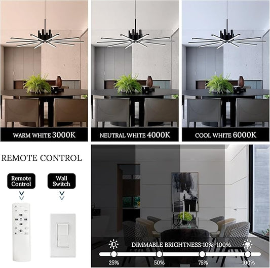 Black Modern Sputnik Chandelier with Remote Control, 56W 3-Color Temperature Dimmable LED Chandelier for Dining Room, Hanging Adjustable Pendant Light for Living Room Kitchen Foyer Entryway