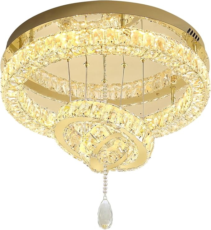 Flashing God Dia 20" Modern Crystal Chandelier for Dining Room Gold Ceiling Chandelier Flush Mount Ceiling Light for Living Room Bedroom Hallway