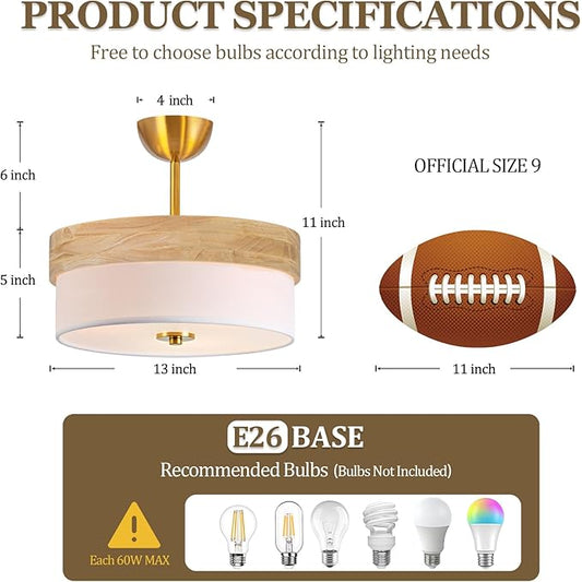 Bargeni Semi Flush Mount Ceiling Light Fixture,13 Inch Gold Light Fixtures Ceiling Mount, Natural Wood Trim with Cream White Fabric Shade, Modern Flush Mount Light Fixture for Bedroom,Hallway,Kitchen