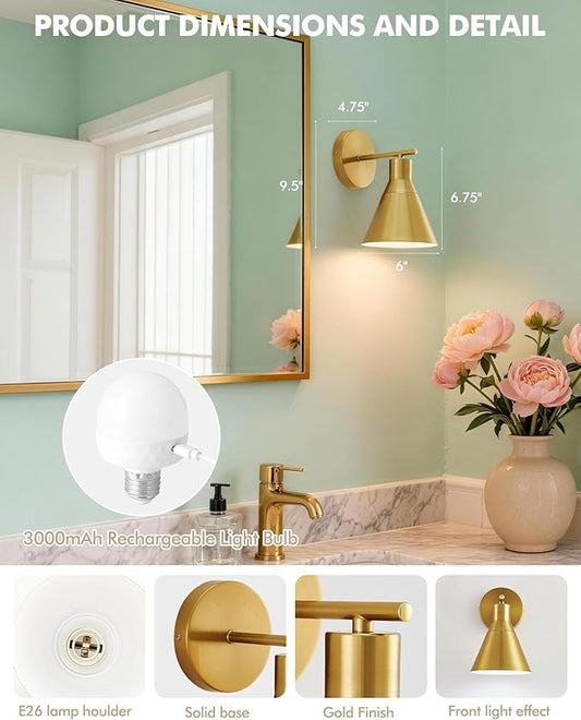 Modern Wireless Battery Operated Wall Sconces, Gold Rechargeable Cordless LED Wall Lights Set of Two, Dimmable Battery Powered Wall Decor Lamp Fixture with Remote Control for Bedroom Indoor