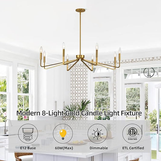 38" Gold Chandeliers for Dining Room, 8-Light Modern Farmhouse Chandelier Light Fixture, Brushed Brass Industrial Candle Lighting Hanging Ceiling for Living Room Bar Kitchen Island Lights