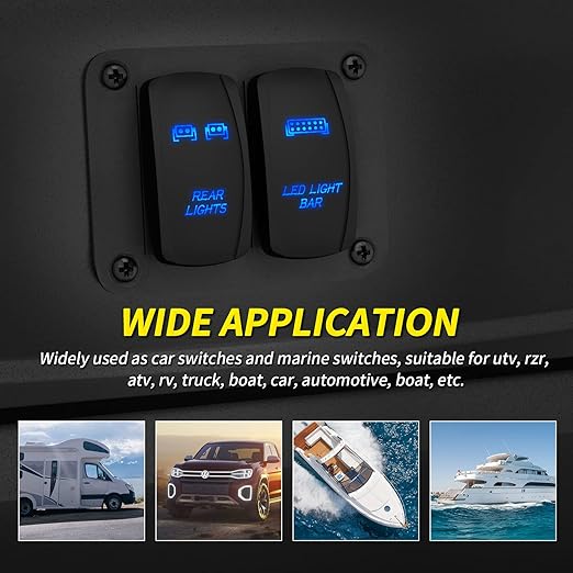 Joinfworld LED Light Bar Rocker Switch and Rear Light Rocker Switch ON/Off Laser Waterproof Marine Toggle Switch 12V 5 Pin Blue LED Rocker Light Switch for Car Boat ATV UTV RZR