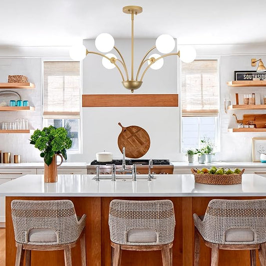 29.7” Modern Gold Chandelier 6-Lights Modern Vintage Golden Chandelier Light Fixture Rustic Farmhouse Glass Chandeliers for Dining Room, Kitchen Island, Bedroom, Living Room, Foyer, G9
