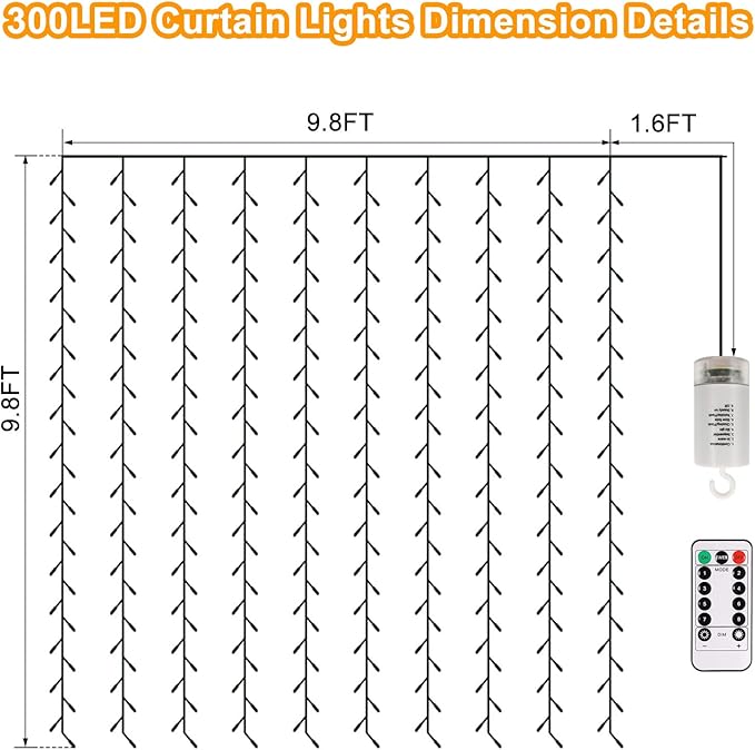 Battery Operated Curtain Lights,9.8ft×9.8ft 300 LED Curtain Lights with Remote Timer 8 Modes, Waterproof Hanging Fairy Lights for Outdoor Indoor Wedding Christmas Decor (Warm White)