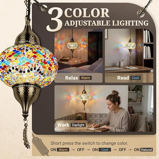 Turkish Moroccan Mosaic Pendant Light - Handcrafted Tiffany Style Swag Lamp with 15ft Cord, Vintage Glass Ceiling Fixture for Mediterranean Decor (Multicolor1)