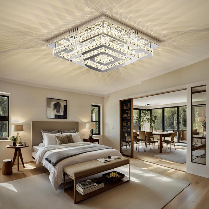 34" Large Crystal Chandelier with Remote/APP Control, 3 Color Temperature Light Fixture & Brightness Adjustable, Modern Flush Mount LED Ceiling Light Fixture for LivingRoom Kitchen Hallway Dining Room