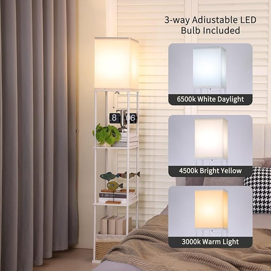 Gupuzm Floor Lamp with Shelves, Modern Square Standing Lamp with 3 Color Temperature Bulb, Corner Display Bookshelf Lamp for Living Room, Bedroom and Office(White)