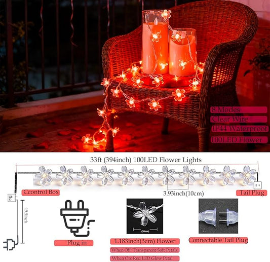 JACUXLSS Cherry Blossom Flower String Lights, 100 led 33 feet 8 Mode Plug in Fairy Lights for Valentine's Day, Wedding, Birthday Party, Christmas Easter Tree Hanging Decorations (Red)
