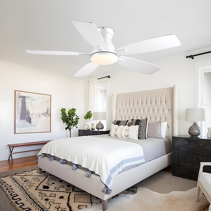 JSAITEE 46in Ceiling Fans with Lights - Flush Mount Low Profile Ceiling Fan with DC Motor, 6 Speeds 3CCT Dimmable, Modern Indoor Fan Light Fixtures for Bedroom, Kitchen, White