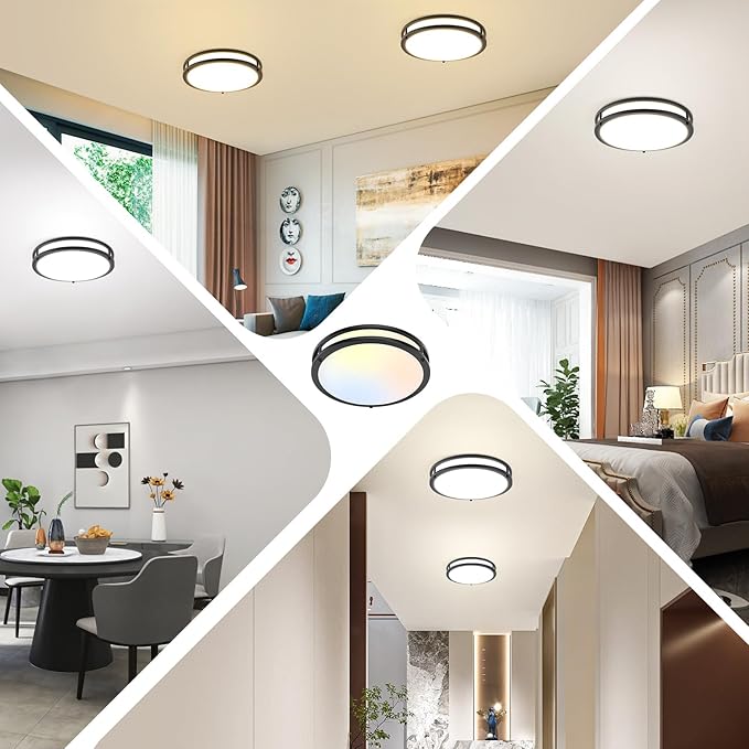 2-Pack 12 Inch Flush Mount Light Fixtures, 36W 3600lm Super Bright LED Ceiling Lights for Kitchen, Dimmable LED Lights 2700K-6500K 5 Color Temperatures, Modern Black Lighting for Bedroom Bathroom