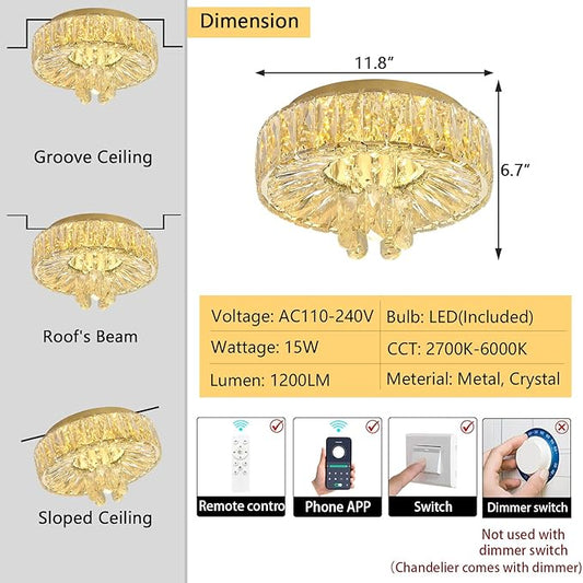 Mini Chandelier Modern Crystal Chandeliers for Hallway LED Flush Mount Ceiling Light Dimmable Light Fixture for Dining Room Living Room Bedroom