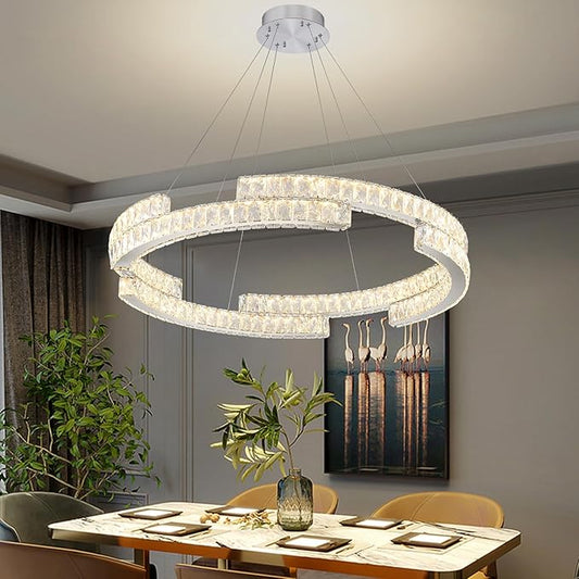 Modern Crystal Chandelier Dimmable LED Ring Pendant Light Adjustable Led Ring Chandelier 1 Ring for Dining Room Living Room 40inch Silver