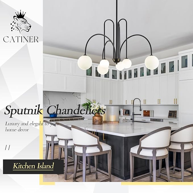 CATINER Modern Black Chandelier 6 Lights Sputnik Chandelier for Dining Room Large L40” Mid Century Ceiling Pendant Light Fixtures with Withe Glass Globe Shades for Foyer Bedroom