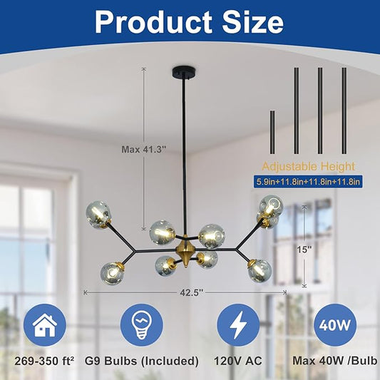 Depuley Glass Globe Sputnik Chandelier: 10-Light Modern Matte Black and Gold Ceiling Light Fixture - Vintage Hanging Chandeliers for Living Room Kitchen Dining Room Bedroom (Included G9 Bulbs)