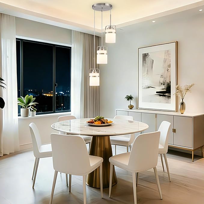 Brushed Nickel 3-Light Pendant Lighting, Adjustable Cluster Hanging Light Fixture with Milk Glass Shade, Modern Pendant Light for Kitchen Island Dining Room Bar